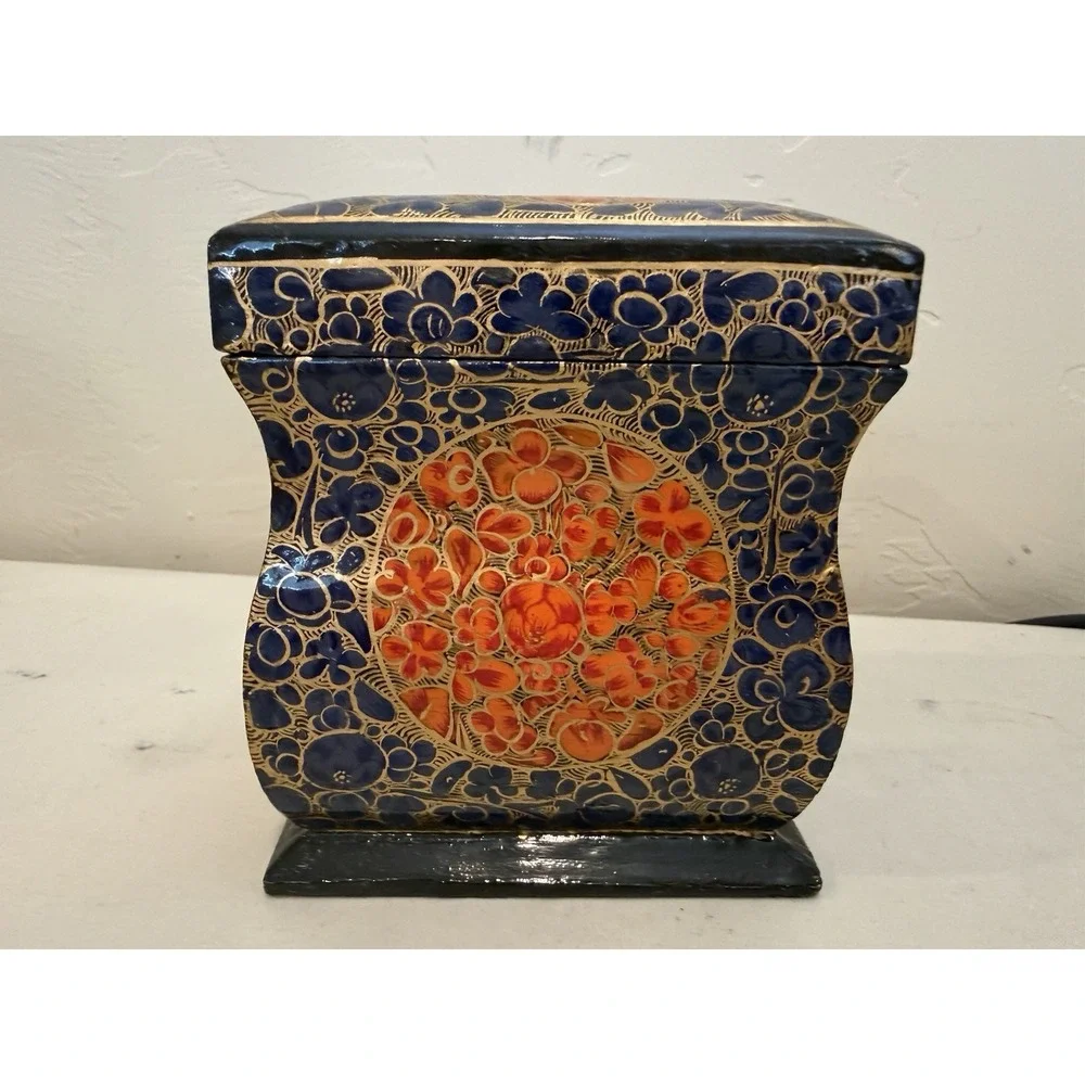 Vintage Papier Mache Enamel Box w Lid Ornate Letter Storage Keepsakes Small Blk
